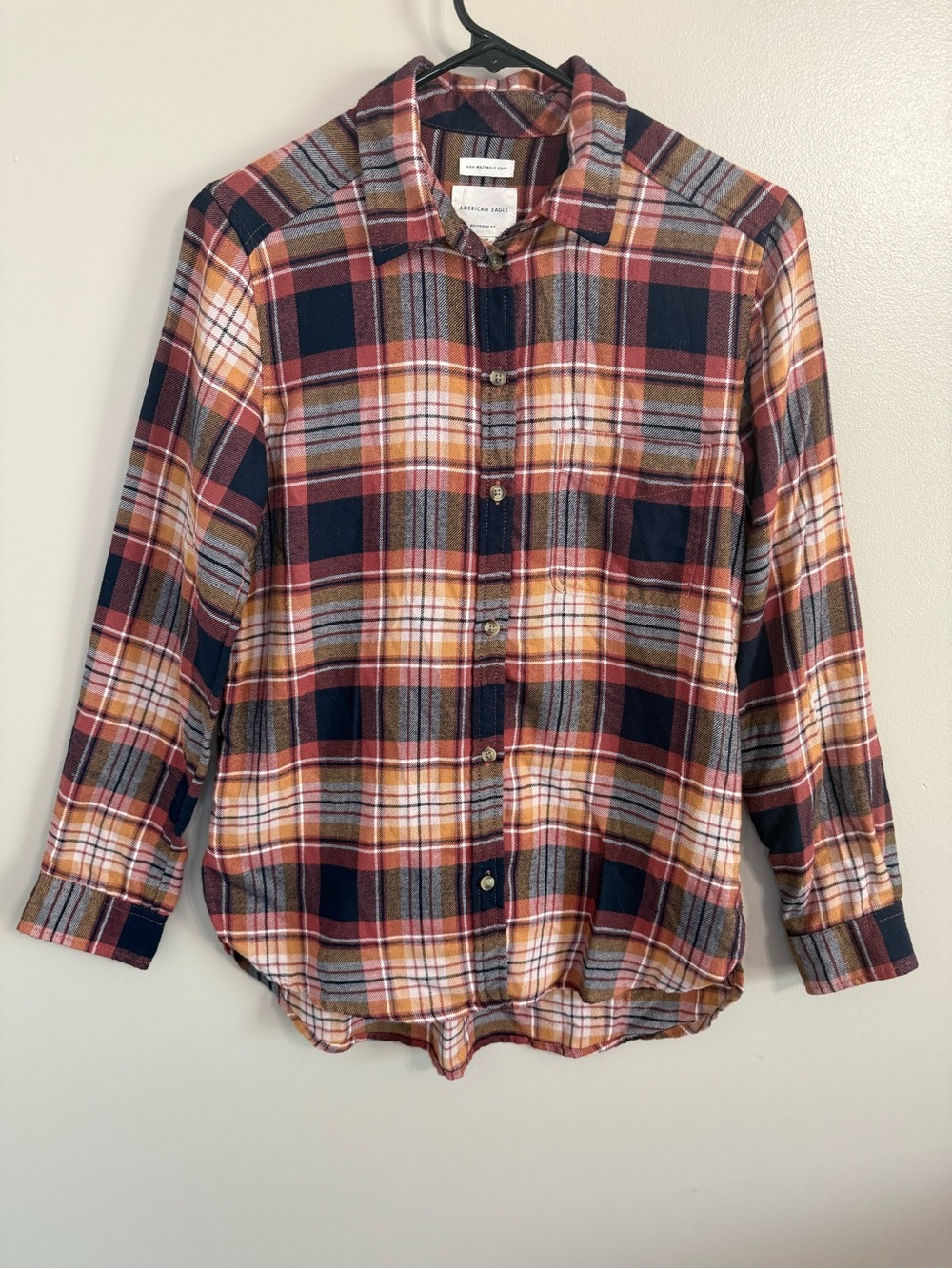 American Eagle Soft‎ Plaid Button-Down Flannel Shirt Rust Navy Boyfriend Fit  S